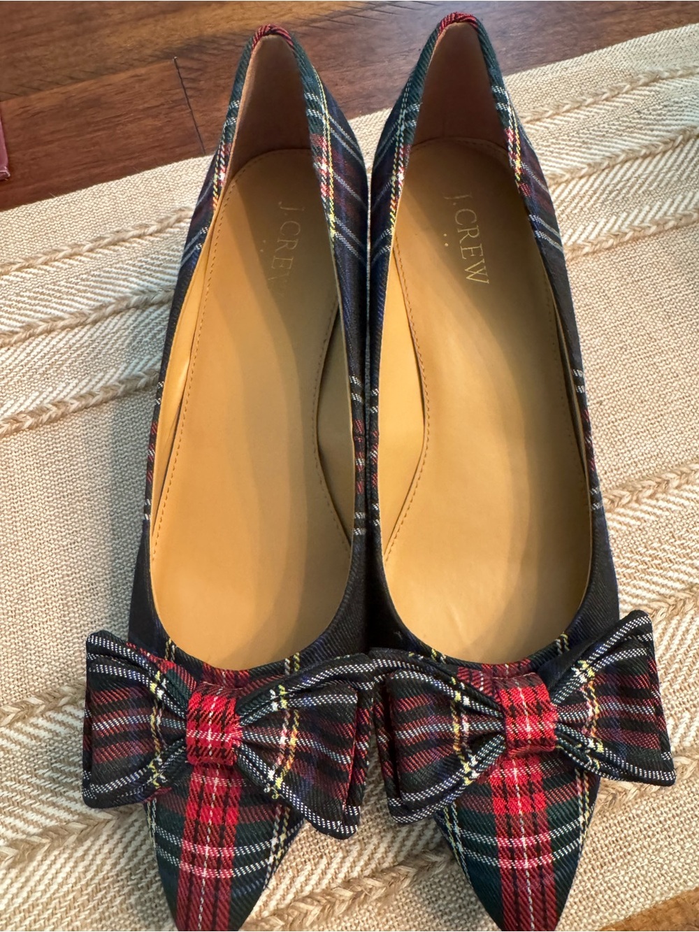 J. Crew Red/Blue  Plaid Bow Pointed-Toe kitten heels